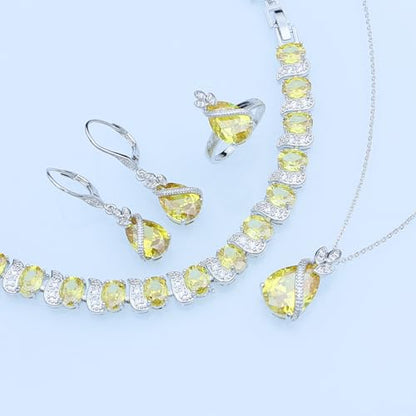 GZWHD Jewelry Set for Women CZ Earrings Necklace Ring Bracelet Set Prom Party Wedding Jewelry Gift for Mother Friend Wife - color: A-Yellow
