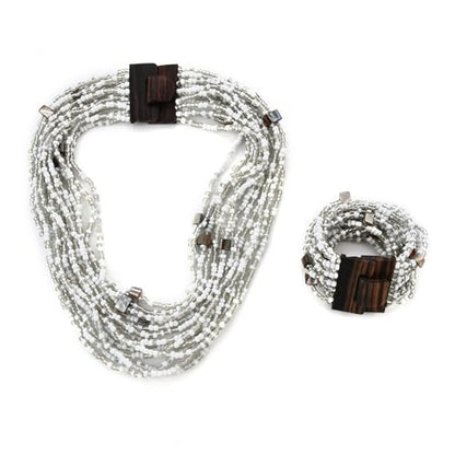 Shop LC Seed Bead Necklace Bracelet Set Boho Jewelry for Women | Multi Layered Boho, Wooden Clasp, 18 Inch Necklace, Stretchable Bracelet - color: White