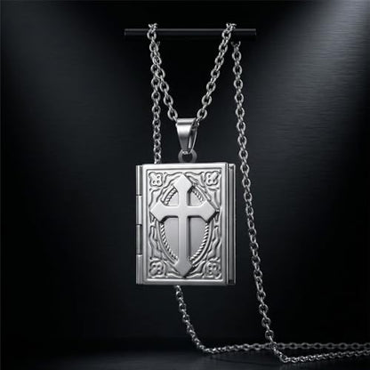 Photo Book Locket Necklace for Women Charm Choker Pendants that Holds Pictures Memorial Jewelry - color: Cross