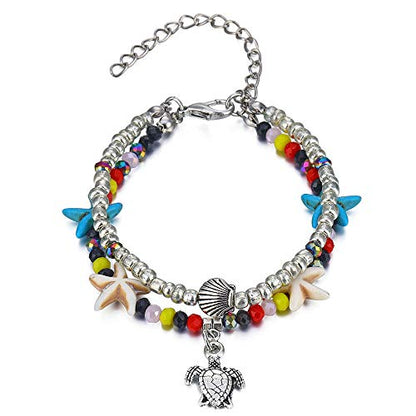 Softones Blue Starfish Turtle Anklet Multilayer Charm Beads Sea Handmade Boho Anklet Foot Jewelry for Women - style: A:Turtle 2