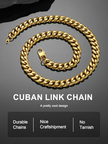 Stainless Steel Mens Cuban Link Chains, Daily Wear Hip Hop Miami Necklace | 3/6/9/12mm Silver/Gold Plated/Black necklace with Gift Box, No Tarnish, Sweatproof & Waterproof, Hypoallergenic Men Chains - color: C-12mm-gold plated, size: 18 inch