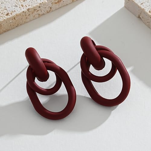 Gold Chunky Earrings for Women Geometric Knot Link Drop Dangle Earrings 14K Gold Plated Statement Earrings Trendy Gold Jewelry - color: Style 1-Red