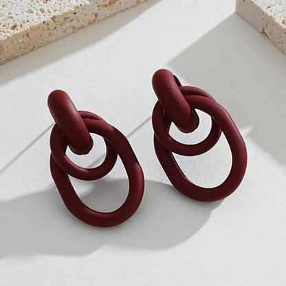 Gold Chunky Earrings for Women Geometric Knot Link Drop Dangle Earrings 14K Gold Plated Statement Earrings Trendy Gold Jewelry - color: Style 1-Red