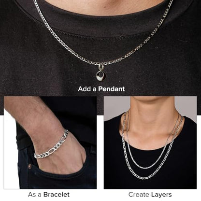Figaro 925 Sterling Silver Chain for Men - Handmade Italian Design, Hypoallergenic, Secure Lobster Clasp - Stylish, Durable Necklace & Bracelet Chains for Everyday & Special Occasions - Gift Idea - size: 7, style: 3MM