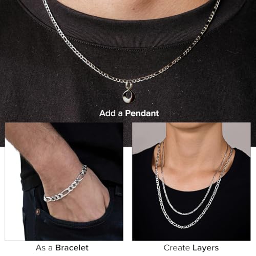 Figaro 925 Sterling Silver Chain for Men - Handmade Italian Design, Hypoallergenic, Secure Lobster Clasp - Stylish, Durable Necklace & Bracelet Chains for Everyday & Special Occasions - Gift Idea - size: 22, style: 3MM