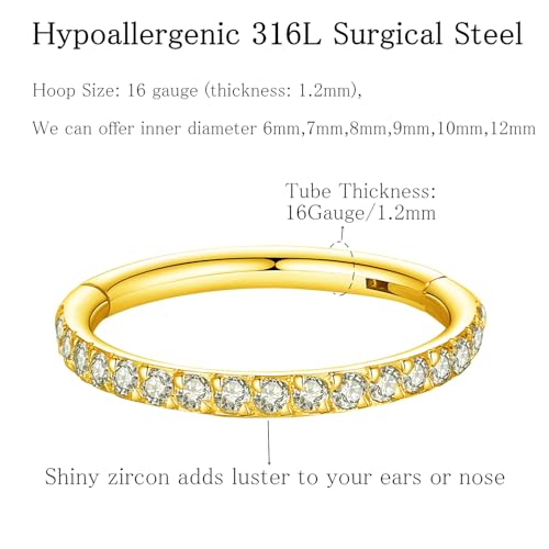 ORANGELOVE 20G 18G 16G Clear CZ Nose Ring Hoop 316L Surgical Steel Seamless Silver Septum Ring Clicker Jewelry Cartilage Earring Ear Piercing Hoop Earrings for Women Men Helix Rook Lobe Conch Tragus Daith Lip Hinged Piercing Jewelry with Cubic Zirconia -