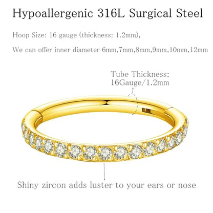 ORANGELOVE 20G 18G 16G Clear CZ Nose Ring Hoop 316L Surgical Steel Seamless Silver Septum Ring Clicker Jewelry Cartilage Earring Ear Piercing Hoop Earrings for Women Men Helix Rook Lobe Conch Tragus Daith Lip Hinged Piercing Jewelry with Cubic Zirconia -