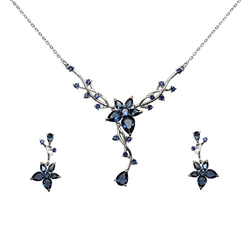 Faship Gorgeous CZ Crystal Floral Necklace Earrings Set - color: Navy Blue