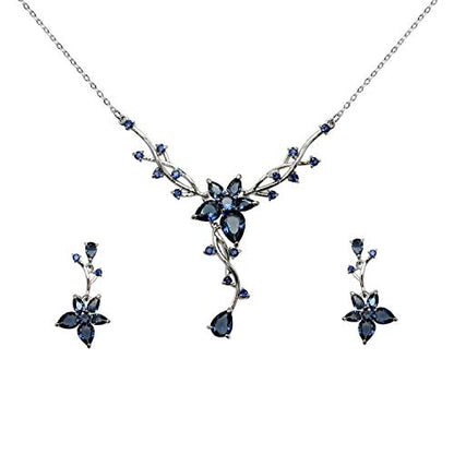 Faship Gorgeous CZ Crystal Floral Necklace Earrings Set - color: Navy Blue