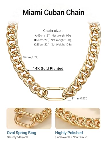 Chunky Gold Necklace for Women, 14K Gold Cuban Chain with Oval Spring Ring, 13MM/16MM/23MM 14K Gold Plated Womens Gold Chain Necklace Hip Pop Trendy Jewlry Gifts - size: 18 inchs, style: 16MM -14K Gold