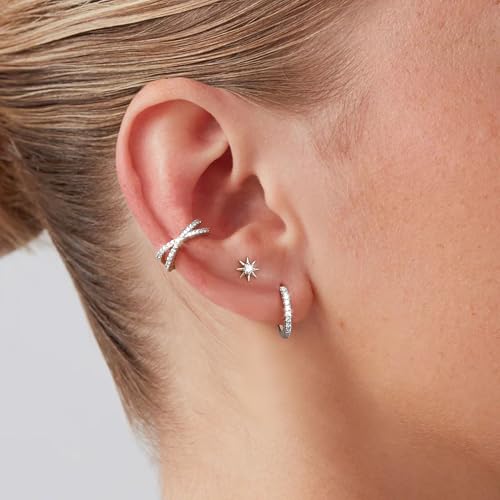 Sterling Silver Ear Cuffs Non Piercing Fake Conch Cuff Earrings for Women | 2 Pcs Adjustable Hypoallergenic Clip On Cartilage Helix Earrings with 5A Cubic Zirconia, 16K Gold Plated/Silver/Rose Gold - color: Silver