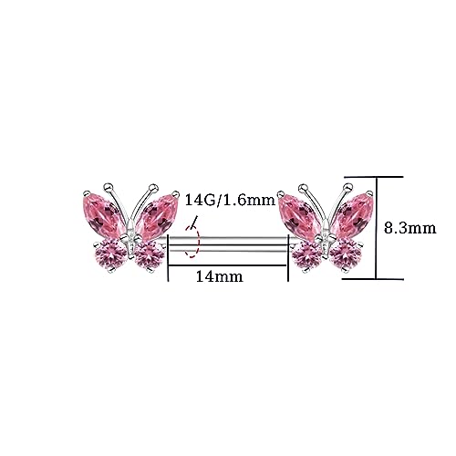 VERAMI 14G Stainless Steel Heart Nipple Rings and Barbell - Butterfly, Starlight Acrylic Ball, Tongue Rings for Women and Men - color: PINK BUTTERFLY