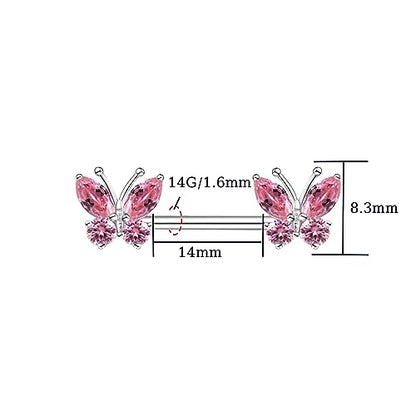 VERAMI 14G Stainless Steel Heart Nipple Rings and Barbell - Butterfly, Starlight Acrylic Ball, Tongue Rings for Women and Men - color: PINK BUTTERFLY