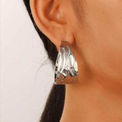 Hoop Earrings for Women Wide Hoop Earrings Large Big Flat Huggie Hoops Earrings Trendy Chunky Hoops Earrings Statement Earrings Jewelry for Women - color: Silver1