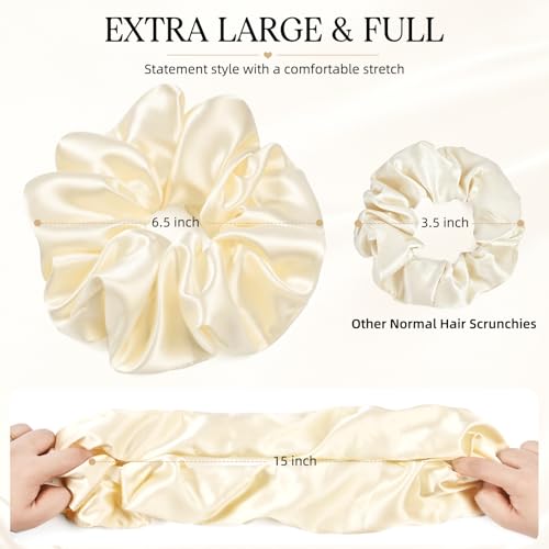 2 PCS Black Beige Jumbo Satin Silky Scrunchies 6.5 Inches Oversized Scrunchie Extra Large Big Hair Ties Ponytail Holder for Thick Curly Hair Women (Black, Beige) - color: Black, Cream