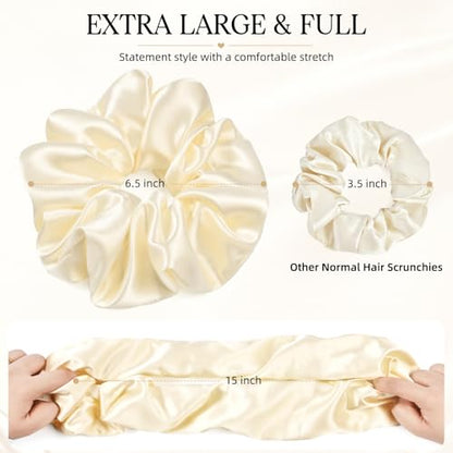 2 PCS Black Beige Jumbo Satin Silky Scrunchies 6.5 Inches Oversized Scrunchie Extra Large Big Hair Ties Ponytail Holder for Thick Curly Hair Women (Black, Beige) - color: Black, Cream