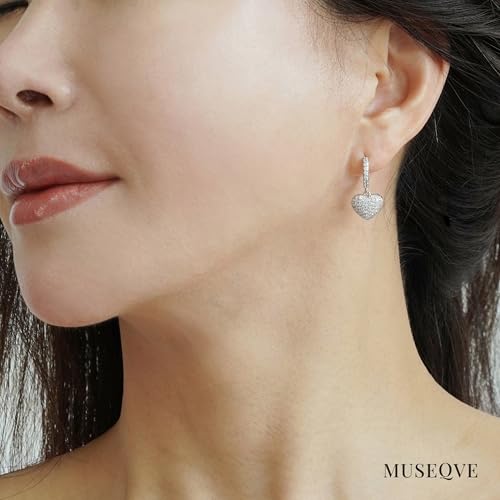 CZ Heart Dangle Earrings for Women 14K Gold Plated Pave Cubic Zirconia Heart Drop Huggie Hoop Earrings Minimalist Small Cute Crystal Love Jewelry Gifts Her Mom Daughter [HER-CZ] - color: Silver