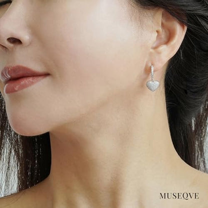 CZ Heart Dangle Earrings for Women 14K Gold Plated Pave Cubic Zirconia Heart Drop Huggie Hoop Earrings Minimalist Small Cute Crystal Love Jewelry Gifts Her Mom Daughter [HER-CZ] - color: Silver