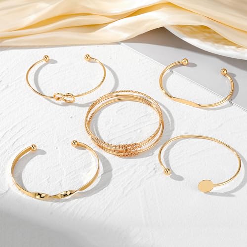 IFKM Gold Bangle Bracelets For Women, 14k Gold Plated Multi Layer Stackable Cuff Bracelet Set, Trendy Elegance Charms Non Tarnish Minimalist Textured Boho Jewelry Gift for Women - style: Multilayer opening