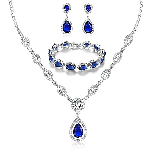 GULICX AAA Cubic Zirconia CZ Silver Plated Base Women's Party Jewelry Set Earrings Pendant Necklace - color: Blue Set with Teardrop Bracelet