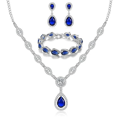 GULICX AAA Cubic Zirconia CZ Silver Plated Base Women's Party Jewelry Set Earrings Pendant Necklace - color: Blue Set with Teardrop Bracelet