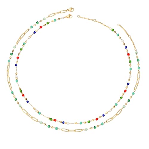MTMY Beaded Necklaces for Women 14K Gold Plated Dainty Colorful Green/Rose Beaded Pearl Choker Necklace Delicate Boho Choker Necklace Jewelry Gift - style: Layer-mix color