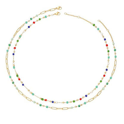 MTMY Beaded Necklaces for Women 14K Gold Plated Dainty Colorful Green/Rose Beaded Pearl Choker Necklace Delicate Boho Choker Necklace Jewelry Gift - style: Layer-mix color