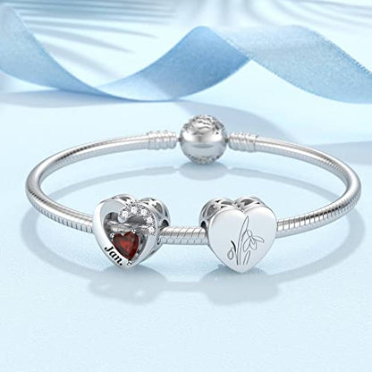 SEVENWELL Jan-Dec Birthstone Charms for Pandora Bracelets, Heart Charm | Fits Most European Charm Bracelets, Sparkling Heart CZ, Birth Flower Engraved, Gift Ready, Nickel-Free - color: January Birthstone Charm