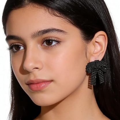 Rhinestone Earrings Dangling for Women Sparkly Silver Dangle Earrings Girls Long Chandelier Earrings Tassel Lightweight Ear Studs Cubic Zirconia (KE001S-W) - color: Bow BXE013BK