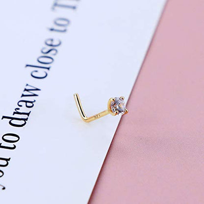 14K Real Gold Nose Studs 20G Nose Rings Studs L Shaped Nose Rings for Women Men Diamond CZ Nose Piercing - color: Yellow Gold-Round CLCZ