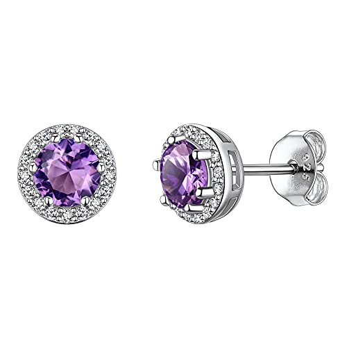 Suplight 925 Sterling Silver Birthstone Stud Earrings for Women, Round/Heart/Teardrop/Square Crystal Diamond Earrings for Women, Dainty Birthday Gifts Jewelry - color: style a-02. round-February(Created Amethyst)