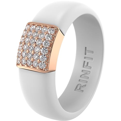 Rinfit Silicone Ring with Metal Plate & CZ for Women | AAAAA Grade Cubic Zirconia Stones, Flexible Rubber Wedding Band, Comfortable Fit, Engagement Ring for Her, Patented Design - color: Pack E: White and Rose Gold