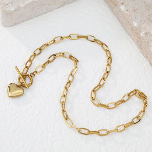 Chunky Gold Necklace for Women, 18K Waterproof Heart Necklace Statement Necklace Gold Charm Necklace Chunky Jewelry Paperclip Chain Choker Gift for Women - style: OT Chain Heart