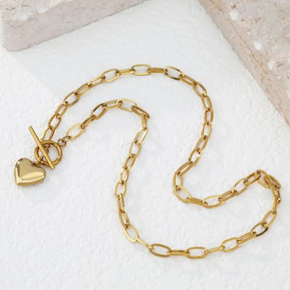 Chunky Gold Necklace for Women, 18K Waterproof Heart Necklace Statement Necklace Gold Charm Necklace Chunky Jewelry Paperclip Chain Choker Gift for Women - style: OT Chain Heart