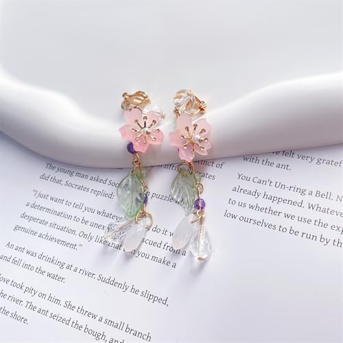 Clip on Pink Flower Pearl Leaf Long Fake Dangle Drop Earrings for Women Non Pierced Ear Dainty Cute Gold Plated Sakura Flower Statement Tassel Dangling Earrings Hypoallergenic Lightweight Fashion Trendy Jewelry