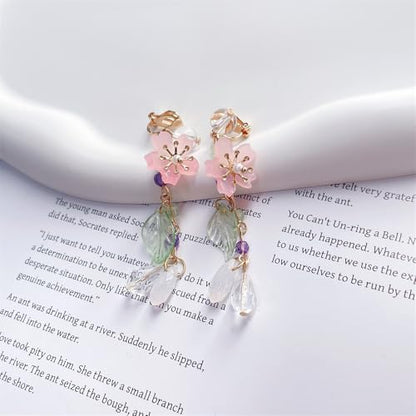 Clip on Pink Flower Pearl Leaf Long Fake Dangle Drop Earrings for Women Non Pierced Ear Dainty Cute Gold Plated Sakura Flower Statement Tassel Dangling Earrings Hypoallergenic Lightweight Fashion Trendy Jewelry