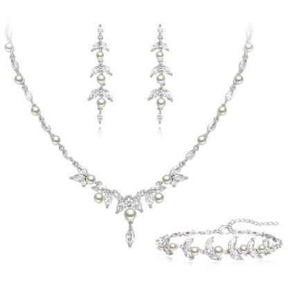 EleQueen Women's Simulated Pearl Wedding Jewelry Set for Brides | Cubic Zirconia Necklace Earrings Bracelet Set for Brides Bridesmaids, Bridal Jewelry Set for Anniversary/Memorial Day - style: Pearl Jewelry Set Silver-Tone