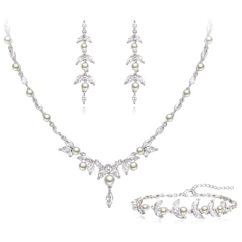 EleQueen Women's Simulated Pearl Wedding Jewelry Set for Brides | Cubic Zirconia Necklace Earrings Bracelet Set for Brides Bridesmaids, Bridal Jewelry Set for Anniversary/Memorial Day - style: Pearl Jewelry Set Silver-Tone