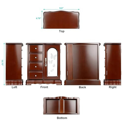 RR ROUND RICH DESIGN Solid Wood Jewelry Box Brown | Large Organizer with 4 Drawers, Built-in Necklace Carousel & Large Mirror - style: Fashion Brown