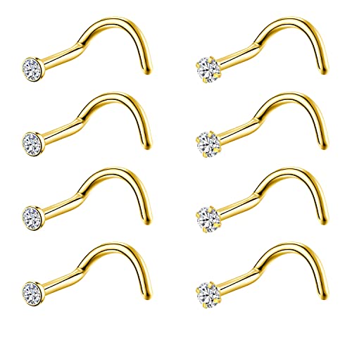 8PCS G23 Titanium Twist Screw Nose Studs 18G 20G Nose Rings 2mm 2.5mm 3mm Clear Pink Purple Aurora CZ Gold Nose Piercing Studs Nostril for Women Men - style: 18g gold clear cz 2mm