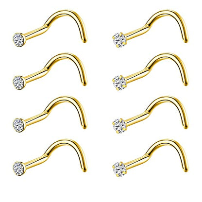 8PCS G23 Titanium Twist Screw Nose Studs 18G 20G Nose Rings 2mm 2.5mm 3mm Clear Pink Purple Aurora CZ Gold Nose Piercing Studs Nostril for Women Men - style: 18g gold clear cz 2mm