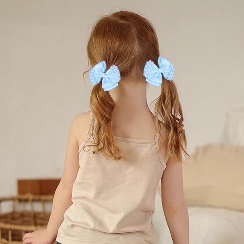Light Blue Grosgrain Ribbon Bow Hair Clips 2pc 4" Pearl Flower Alligator Hair Pins Barrettes for little Teen Toddler Girls Kids Easter Summer Outfit Accessory Birthday Back School Gift - color: Light Blue