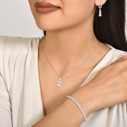 Crysdue Cubic Zirconia Jewelry Set for Women Bridesmaid, Classic Round Cut Drop Lightweight Lever Back Earrings Pendant Necklace Tennis Bracelet for Wedding Prom Party - style: 3pcs Silver