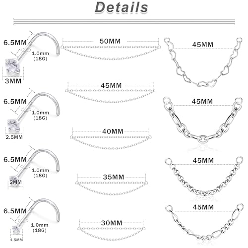 20/18G Nose Rings Chain Across Nose Piercings for Women Men Surgical Steel Double Chains Corkscrew l Shaped Bar - size: Corkscrew, 18g(1.0mm)