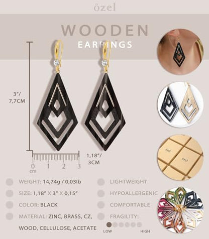 Ozel - Natural Wooden Acrylic Boho Drop Dangle Earrings for Women - Geometric Statement Jewellery - Brown, Black, Magent Red, Olive Green, White beige - color: Diamond_Black