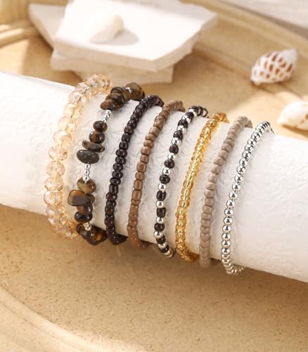 Noessla Boho Beaded Bracelets for Women Stackable Irregular Natural Stone Bead Stretch Bracelet Set 8PCS Costume Jewelry Gifts for Her - color: Brown
