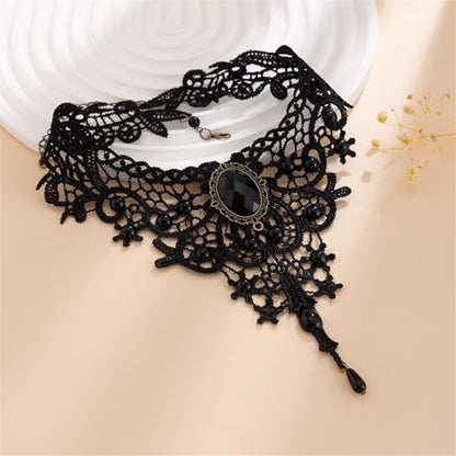 Black Lace Choker Necklace for Women Halloween Gothic Vampire Red Crystal Necklaces Steampunk Cosplay Costume Party Necklace Halloween Jewelry - color: Black