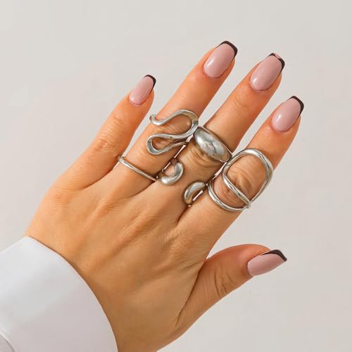 Chunky Gold Stackable Rings Set for Women Trendy Stackable Knuckle Rings Dainty Thick Dome Midi Ring Punk Jewelry Gifts - color: Silver