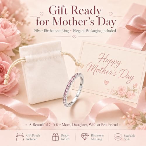 Birthstone Rings For Women, Silver Stackable Cubic Zirconia Stainless Steel Birth Stone Ring To My Daughter/Mom Birthday Unique Gifts Jewelry - color: 07-Silver-July