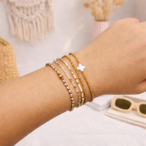 Gold Bracelets for Women, Beaded Cross Stack, Non Tarnish Set，Set-1 | Gold Beaded Bracelet Stack with Stretch Fit, Waterproof Finish and Dainty Design for Everyday Wear and Gifts - color: Colors-8